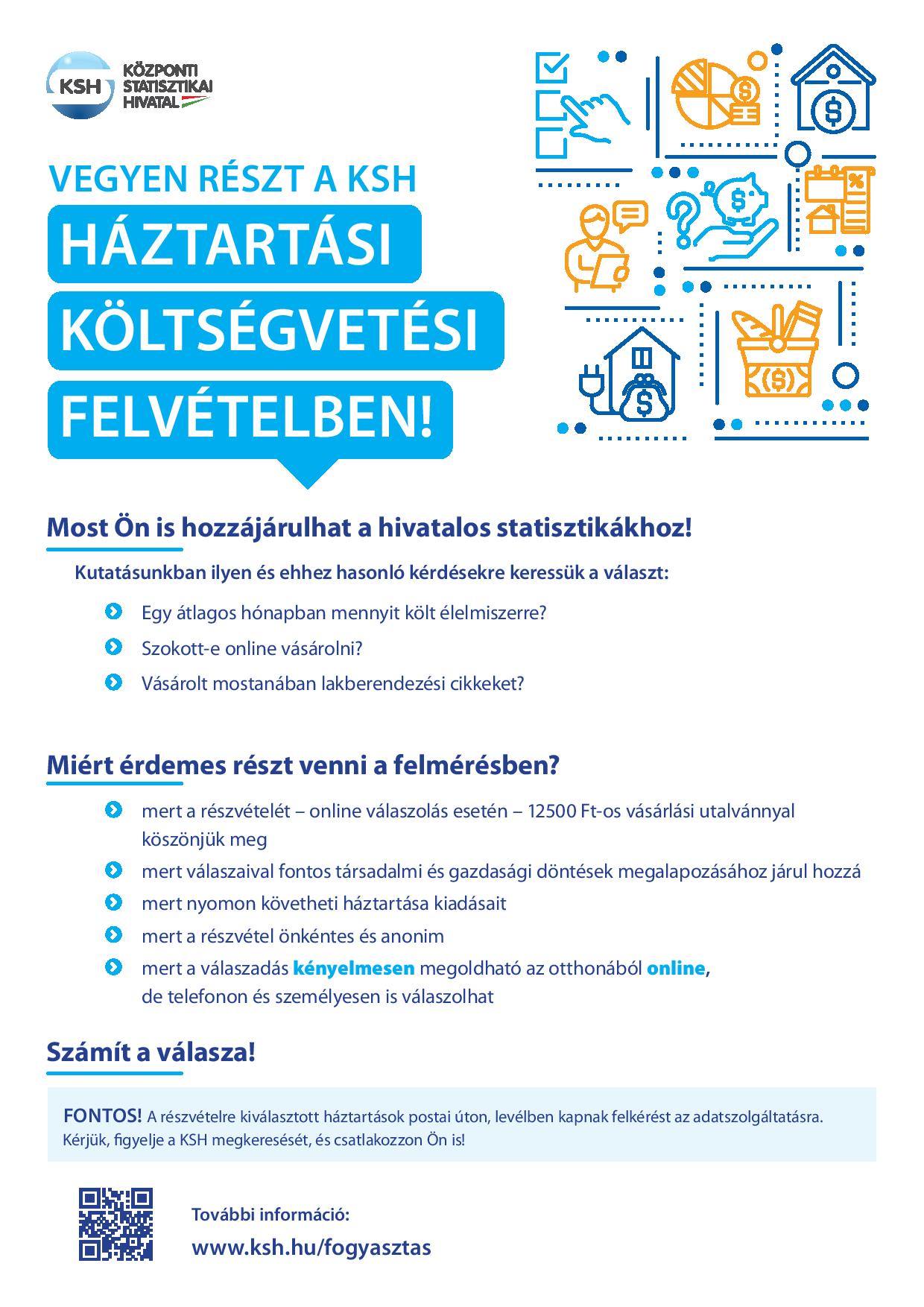 VEGYEN RÉSZT A KSH HÁZTARTÁSI KÖLTSÉGVETÉSI FELVÉTELBEN! Most Ön is hozzájárulhat a hivatalos statisztikákhoz! Miért érdemes részt venni a felmérésben? Számít a válasza! További információ: www.ksh.hu/fogyasztas Kutatásunkban ilyen és ehhez hasonló kérdésekre keressük a választ: Egy átlagos hónapban mennyit költ élelmiszerre? Szokott-e online vásárolni? Vásárolt mostanában lakberendezési cikkeket? mert a részvételét – online válaszolás esetén – 12500 Ft-os vásárlási utalvánnyal köszönjük meg mert válaszaival fontos társadalmi és gazdasági döntések megalapozásához járul hozzá mert nyomon követheti háztartása kiadásait mert a részvétel önkéntes és anonim mert a válaszadás kényelmesen megoldható az otthonából online, de telefonon és személyesen is válaszolhat FONTOS! A részvételre kiválasztott háztartások postai úton, levélben kapnak felkérést az adatszolgáltatásra. Kérjük, figyelje a KSH megkeresését, és csatlakozzon Ön is!