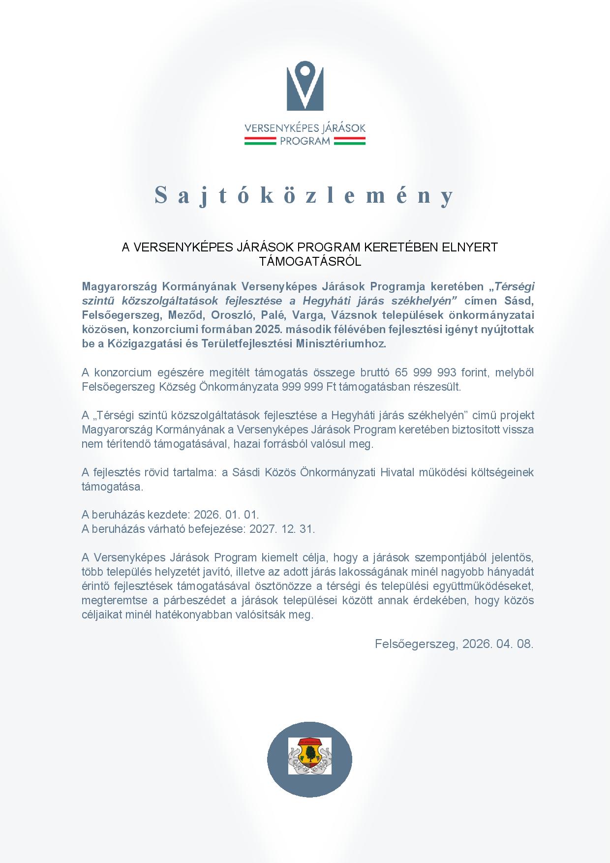 Sajtóközlemény A VERSENYKÉPES JÁRÁSOK PROGRAM KERETÉBEN ELNYERT TÁMOGATÁSRÓL   Magyarország Kormányának Versenyképes Járások Programja keretében „Térségi szintű közszolgáltatások fejlesztése a Hegyháti járás székhelyén” címen Sásd, Felsőegerszeg, Meződ, Oroszló, Palé, Varga, Vázsnok települések önkormányzatai közösen, konzorciumi formában 2025. második félévében fejlesztési igényt nyújtottak be a Közigazgatási és Területfejlesztési Minisztériumhoz.  A konzorcium egészére megítélt támogatás összege bruttó 65 999 993 forint, melyből Felsőegerszeg Község Önkormányzata 999 999 Ft támogatásban részesült.  A „Térségi szintű közszolgáltatások fejlesztése a Hegyháti járás székhelyén” című projekt Magyarország Kormányának a Versenyképes Járások Program keretében biztosított vissza nem térítendő támogatásával, hazai forrásból valósul meg.   A fejlesztés rövid tartalma: a Sásdi Közös Önkormányzati Hivatal működési költségeinek támogatása.  A beruházás kezdete: 2026. 01. 01. A beruházás várható befejezése: 2027. 12. 31.  A Versenyképes Járások Program kiemelt célja, hogy a járások szempontjából jelentős, több település helyzetét javító, illetve az adott járás lakosságának minél nagyobb hányadát érintő fejlesztések támogatásával ösztönözze a térségi és települési együttműködéseket, megteremtse a párbeszédet a járások települései között annak érdekében, hogy közös céljaikat minél hatékonyabban valósítsák meg.  Felsőegerszeg, 2026. 04. 08.